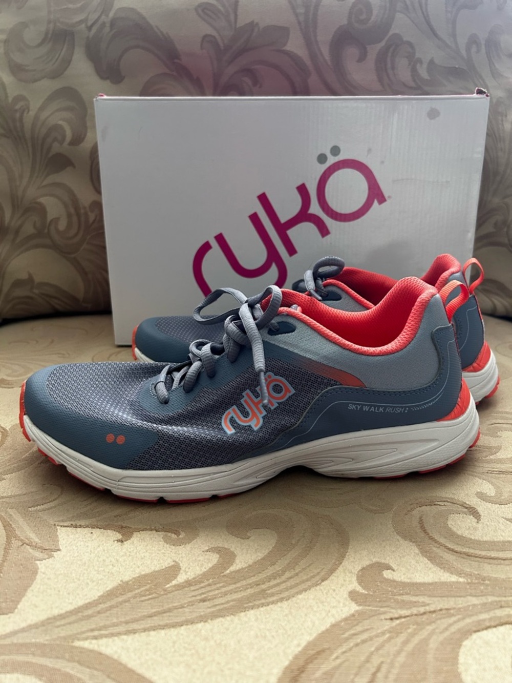 Ryka Skywalk Rush Women’s 9.5 Gray Coral White Running Walking Sneakers Shoes